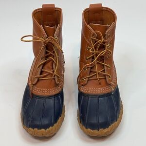 VTG LL Bean Boots 7 Duck Leather Waterproof Brown Blue Made In USA Fisherman